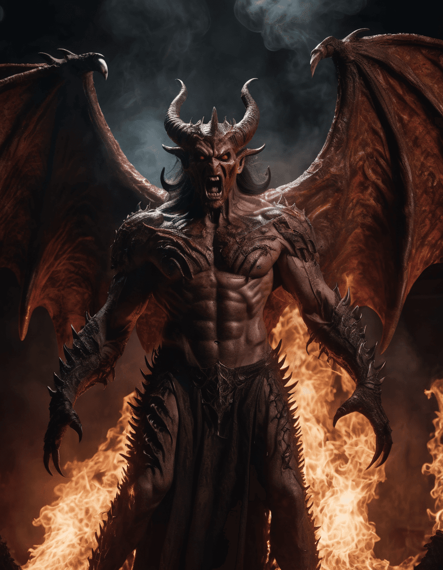 AI generated: Horror-themed cinematic film still,a horrifying red-skinned male demon king, (full body portrait:1.3...