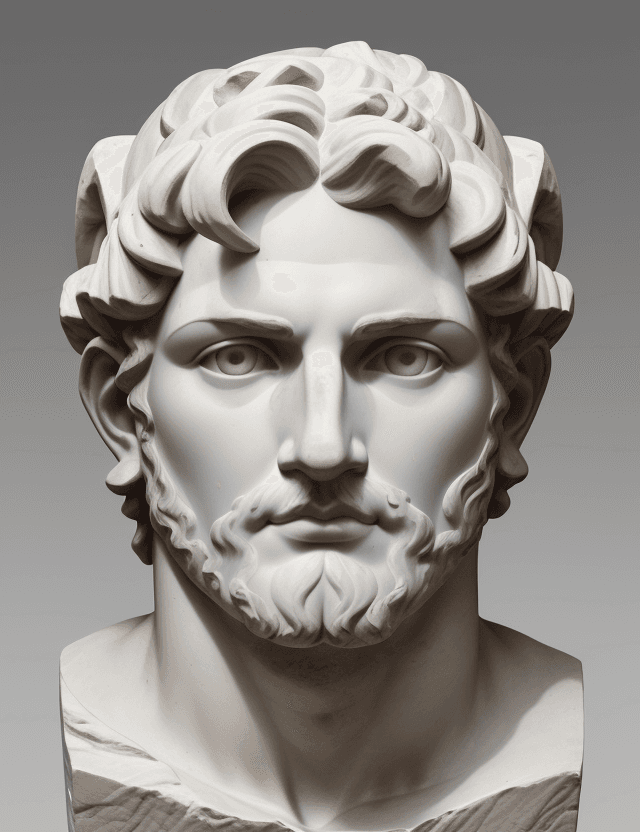 AI generated: Greek sculpture, Hadrian's head, close-up, front view, gray background --ar 71:129 --stylize 750 --v...