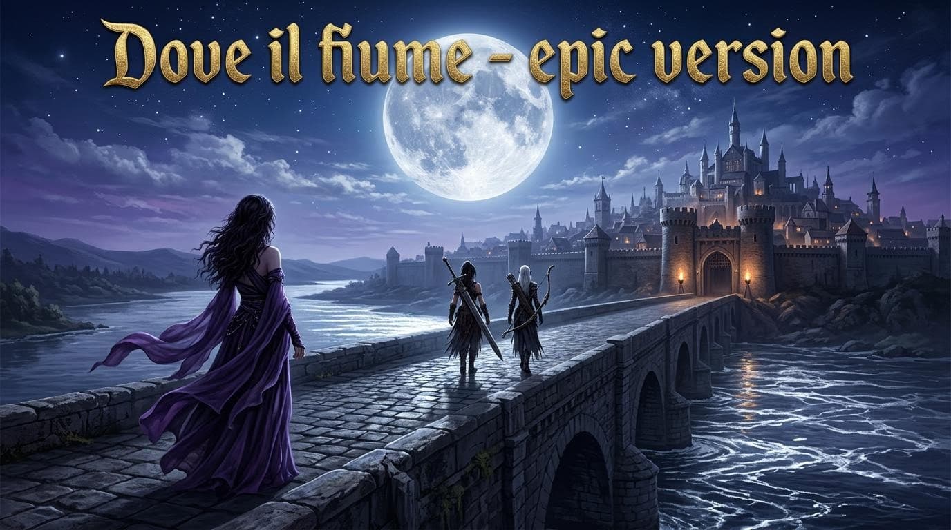 AI generated: Cinematic fantasy album cover, 16:9 widescreen.

Moonlit night.

An ancient stone bridge crossing a ...