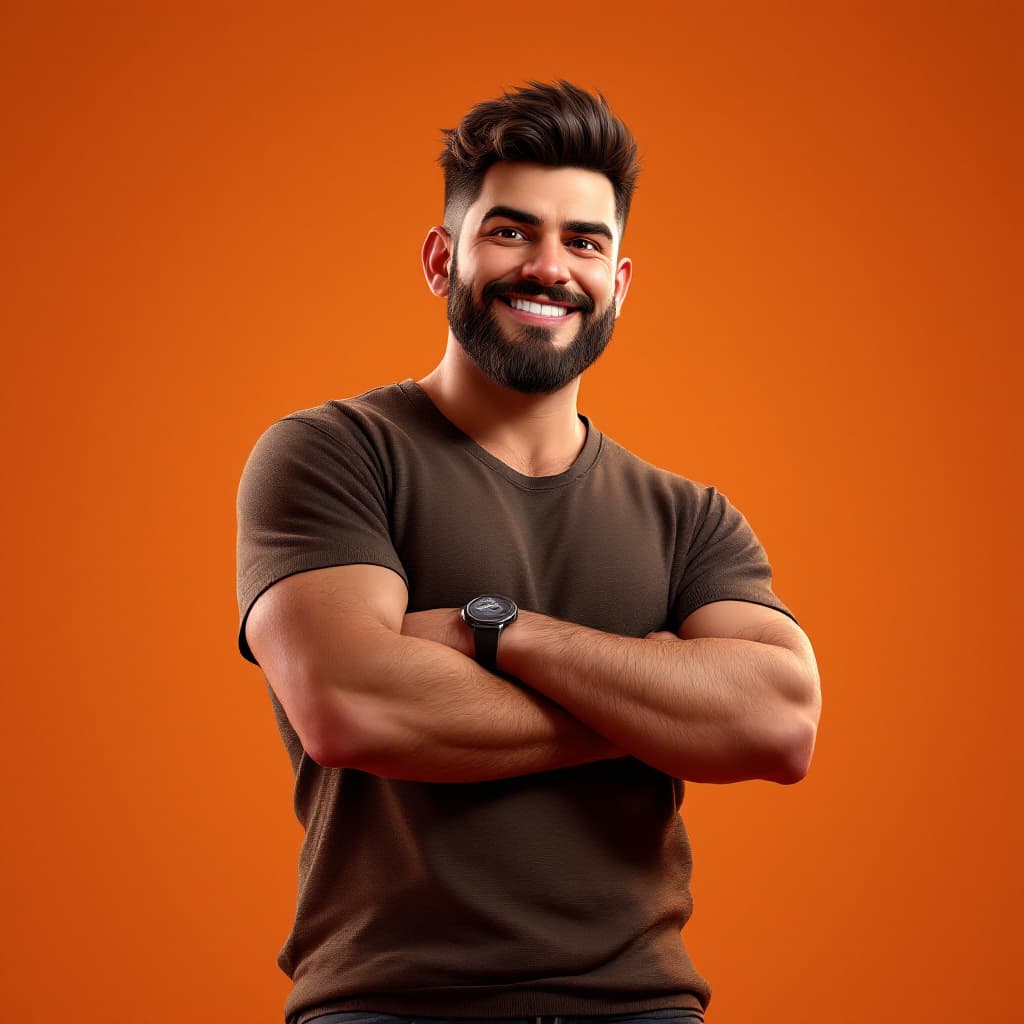AI generated: A man poses for the camera in the style of game character design, smiling confidently. The backgroun...