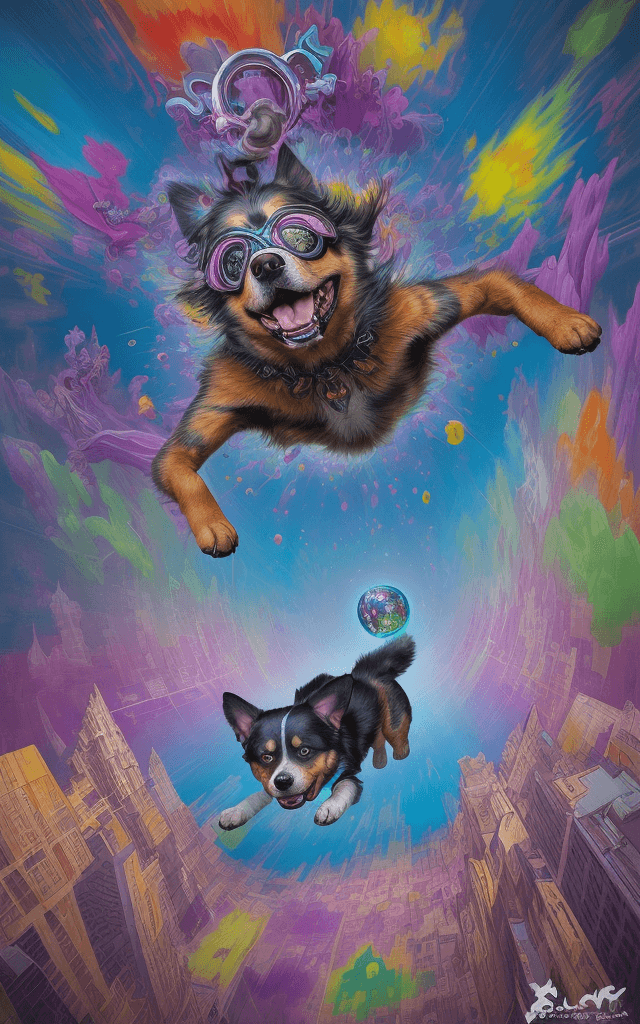 AI generated: A dog emanating an aura of confusion performs a leap, surreal painting, contorted reality, vivid col...