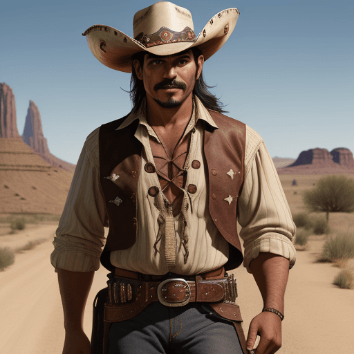 AI generated: a friendly looking mexican cowboy, knifes on his belt, wild west style, 8k