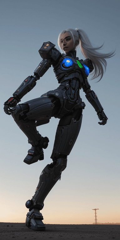 AI generated: urbanpunk, low angle shot, a pretty cyborg ninja with multicolor notched light cyberpunk armor, pret...