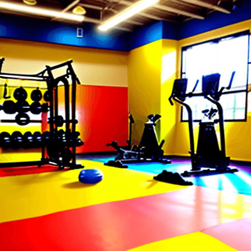 AI generated: indoor muscle beach gym with sand as the floor and beach party themed decor. Equipment should into a...