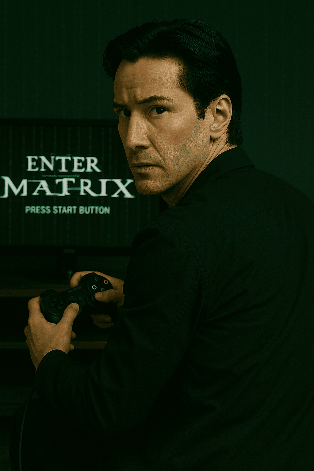 AI generated: A Matrix character watching you as he plays the playstation to the Matrix game that he is with his b...