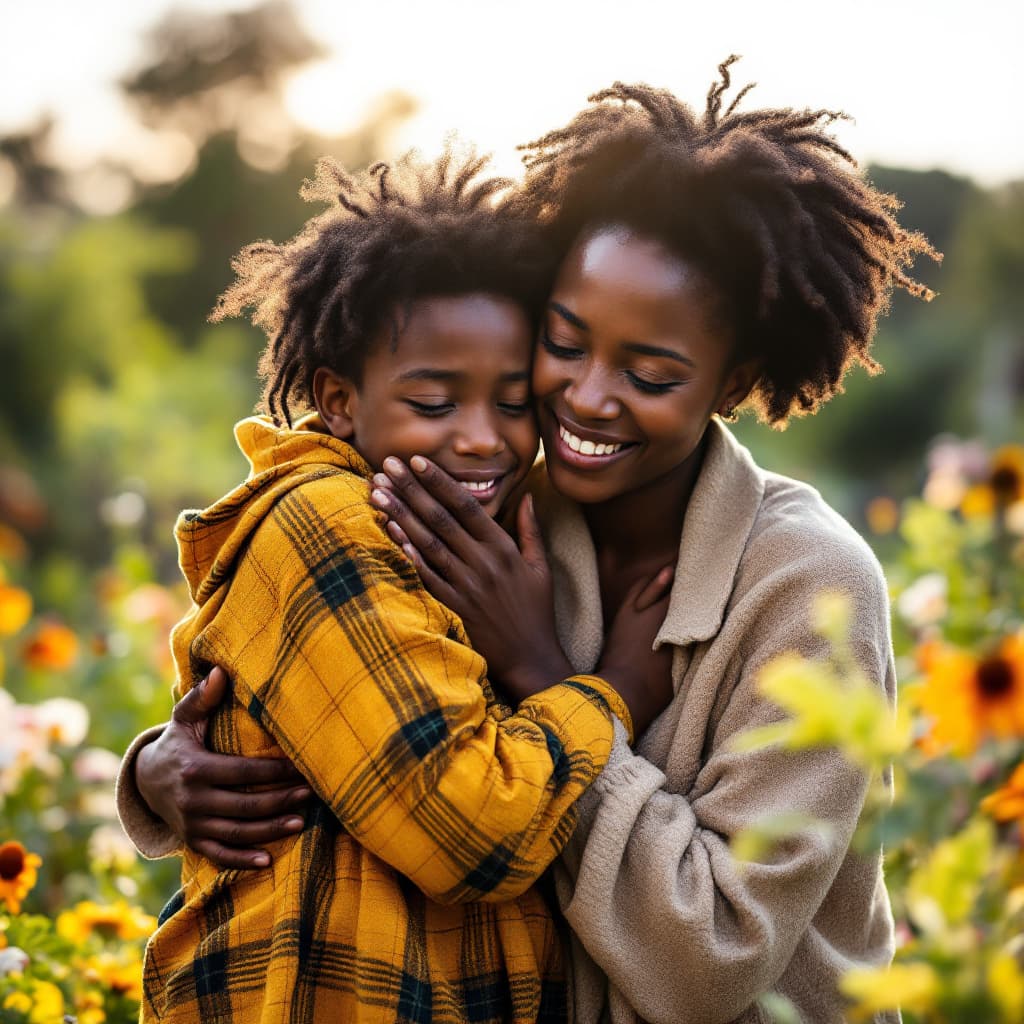 AI generated: As a photographer, take a closeup shot of An african mother (31 years of age) hugging her African so...