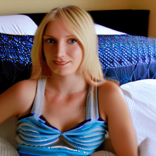 AI generated: pretty blonde sitting on bed in bedroom nude hyper breasts