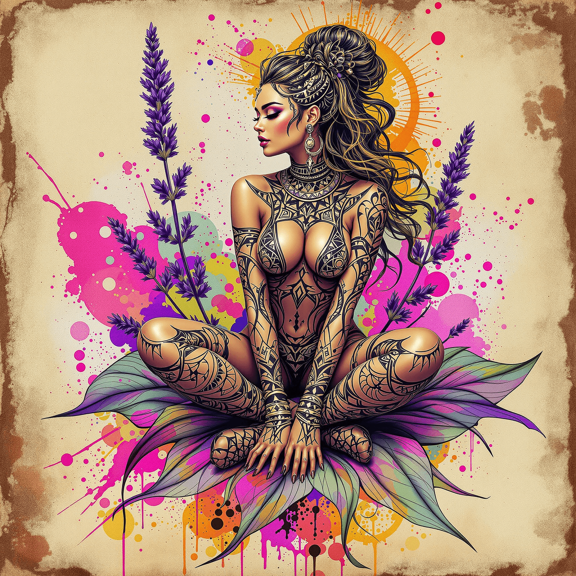 AI generated: A tribal drawing of a lady sitting on a lavender leaf, styled with a mix of decopunk and graffitipun...