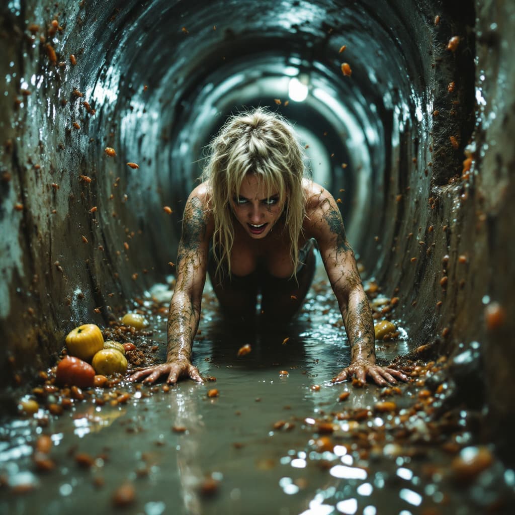 AI generated: A blonde woman dirty with sewage is frantically crawling in a narrow filthy sewer tunnel, bugs every...