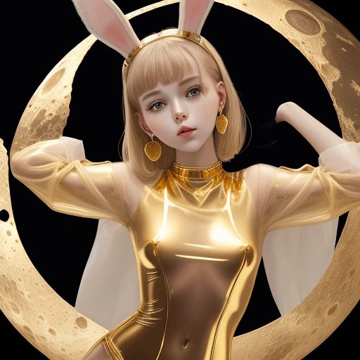 AI generated: Head with a pair of rabbit ears gold earrings gold studs gold chest studs 18 years old full body clo...