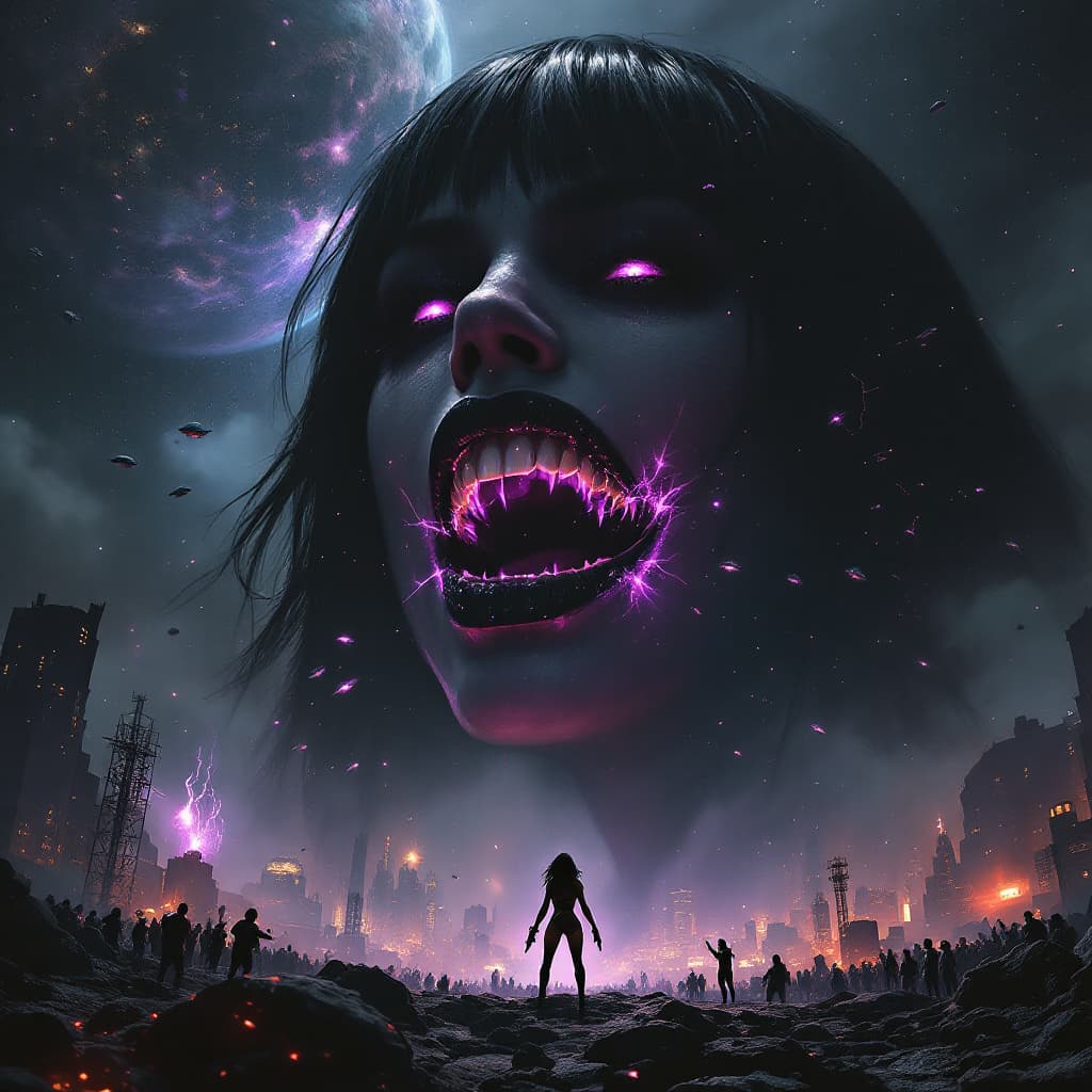 AI generated: enormous giantess female who looks exactly like WWE superstar 
 Rhea Ripley with black medium length...