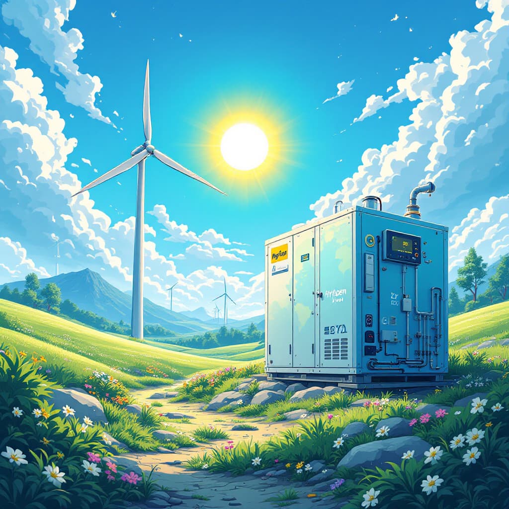 AI generated: Photo of a Hydrogen storage unit supplied by photovoltaic modules and windenergy. Displaying the ben...