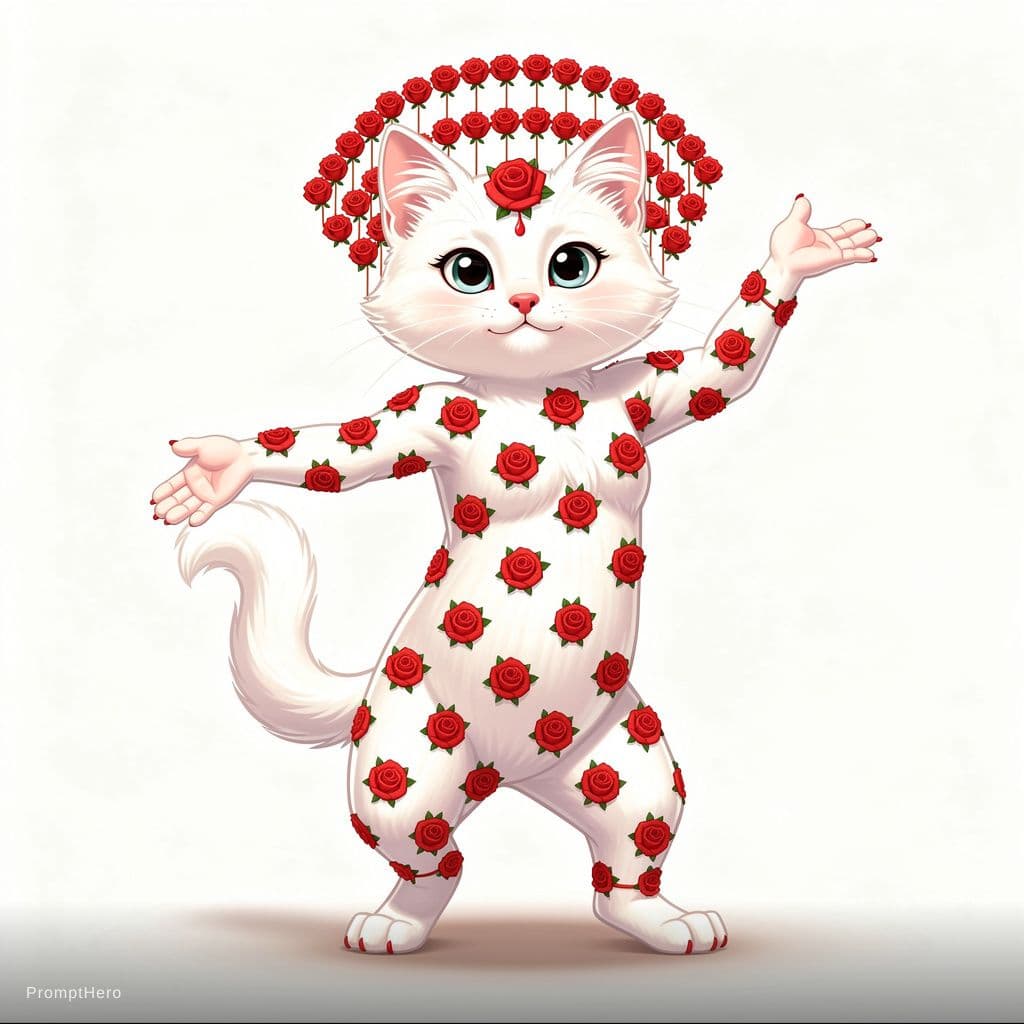 AI generated: Can u create a white cat with red roses prints all over the body. The cat is in standing position do...