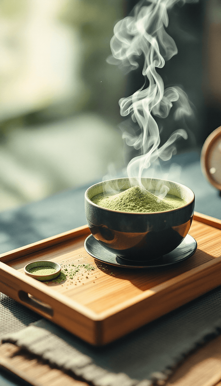 AI generated: A modern Japanese tea set on a wooden tray with matcha powder and steam rising, zen minimalism.cinem...