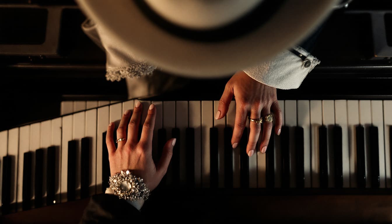 AI generated: portrait capturing the essence of a pianist with white hat from an overhead perspective. Focus on th...