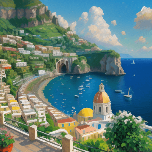 AI generated: amalfi coast, oil painting, impressionist style, sunny day, colorful buildings and domes overlooking...