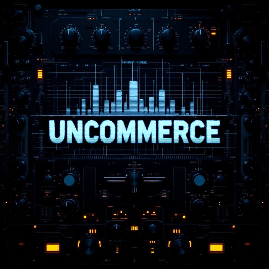 AI generated: futuristic glitch text logo "UNCOMMERCE" over dark synthesizer interface, high-tech UI, audio spectr...