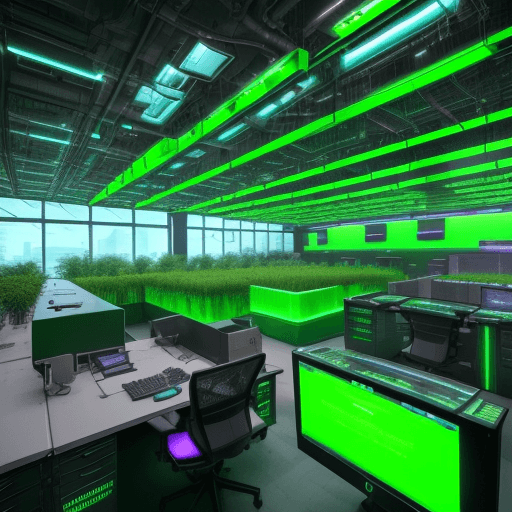 AI generated: An isometric, realistic depiction of a futuristic, cyberpunk-style smart farming computer office ded...