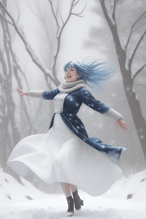 AI generated: a woman in a snowy dress dances in winter, snow is falling, there is a lot of snow on the branches o...