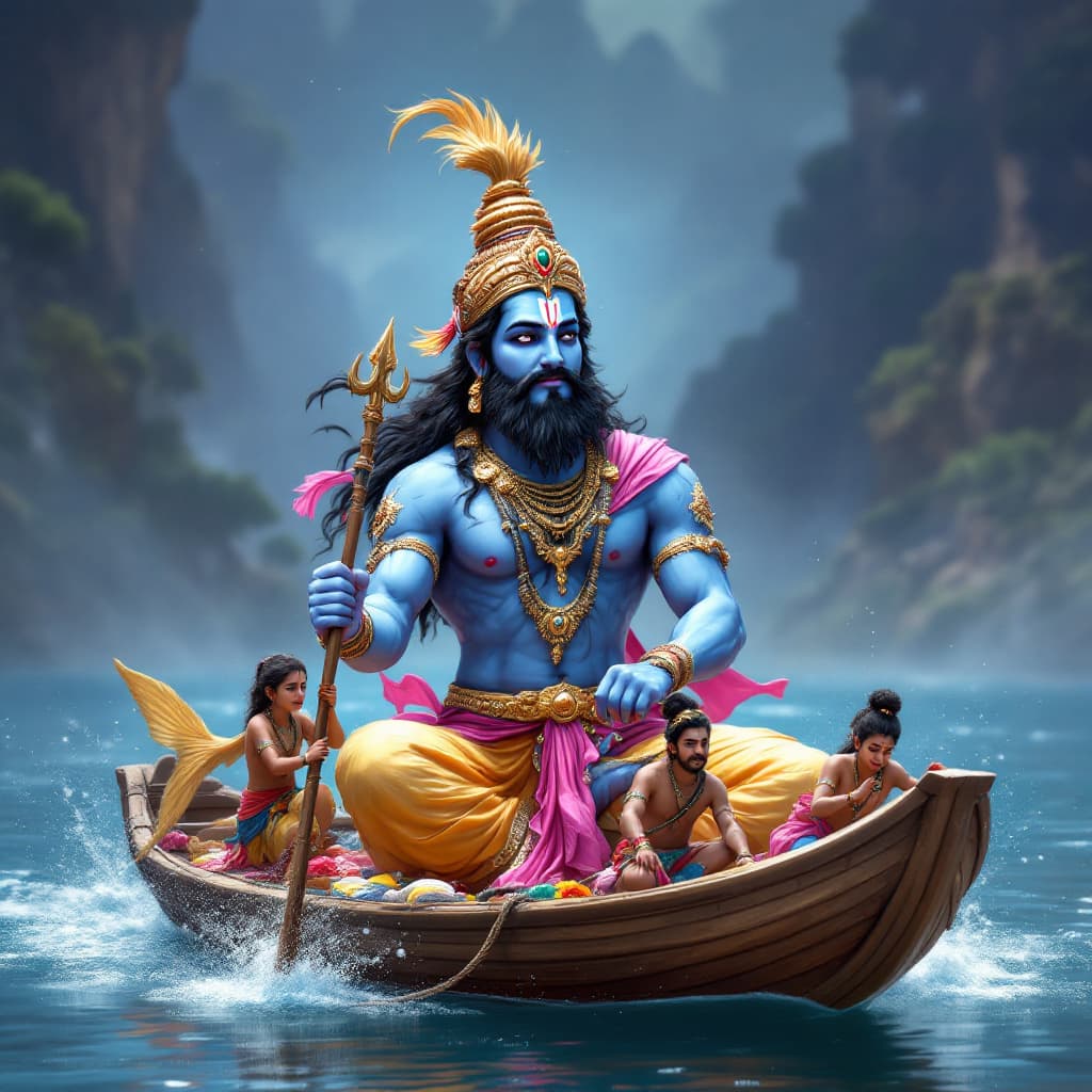 AI generated: hindu mythology character matya avtar  mean  fish avtar of vishu pulling a boat with people in boat ...