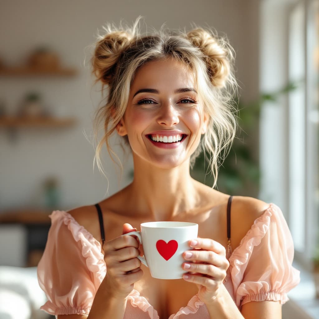 AI generated: A mature woman with two blondie buns messy hairstyle, wearing sheer pink short sleeves straplees and...