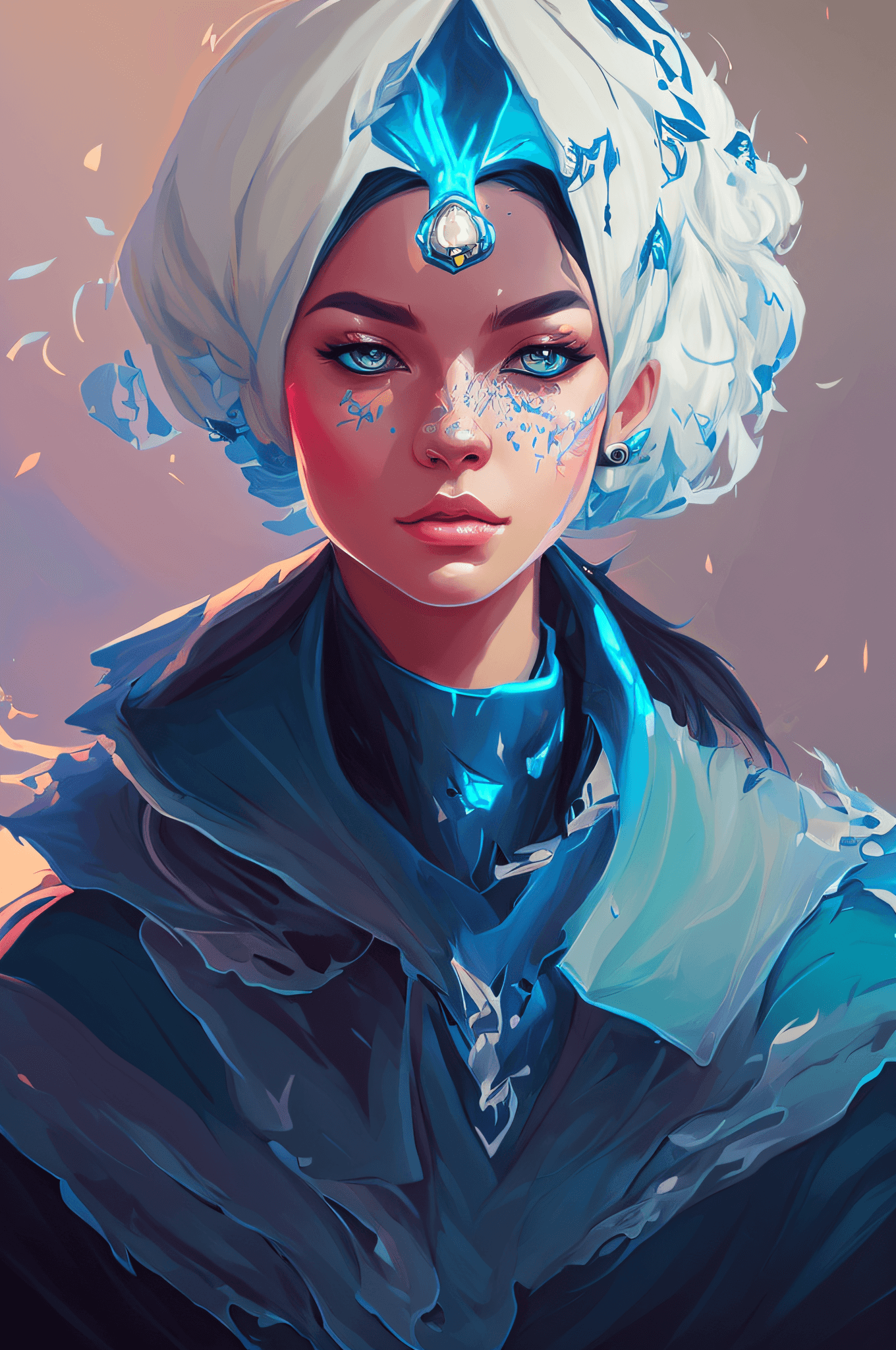 AI generated: a close up of a person with a blue headdress and a blue turban, inspired by Lois van Baarle, fantasy...