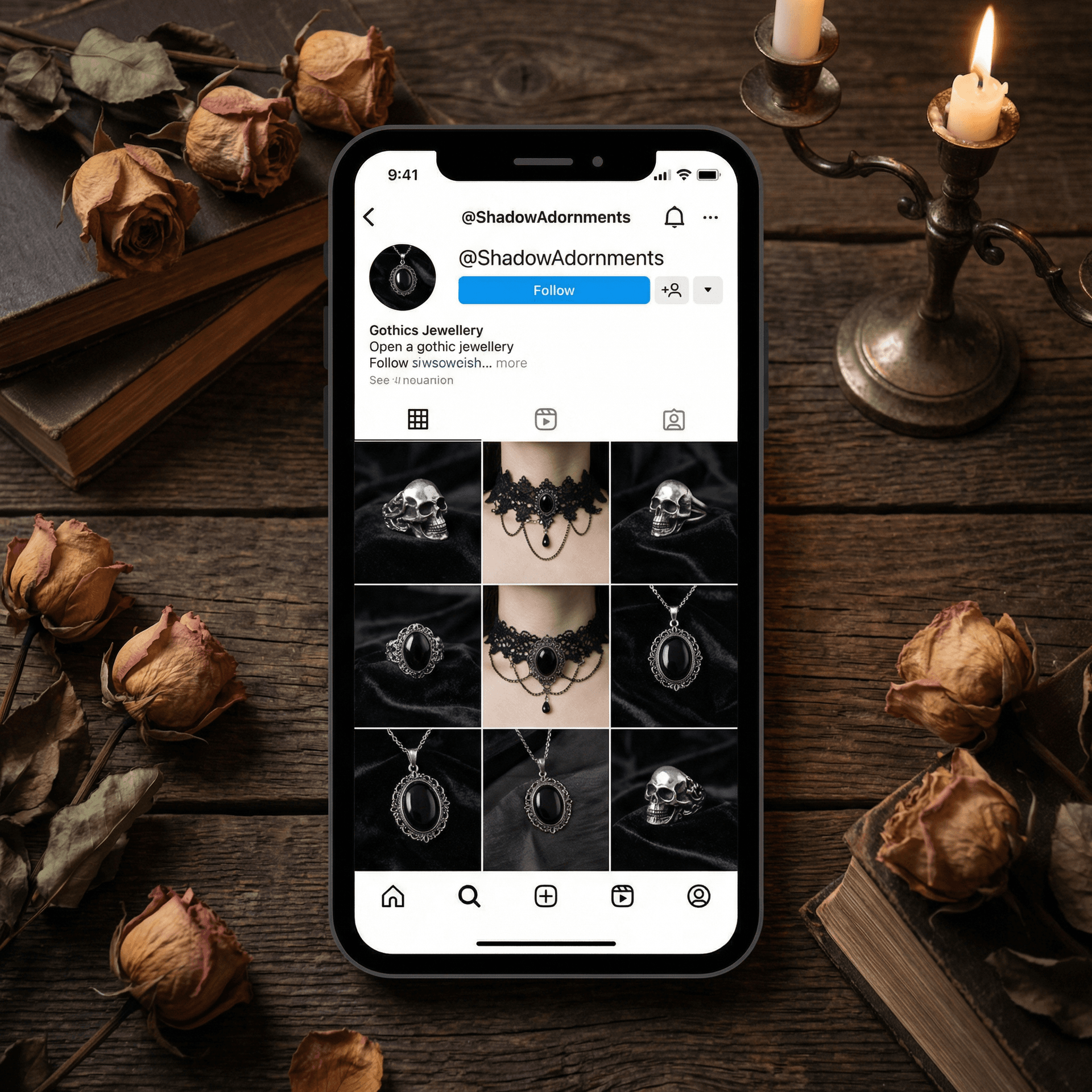 AI generated: gothic jewellery based mockup for insta page 

