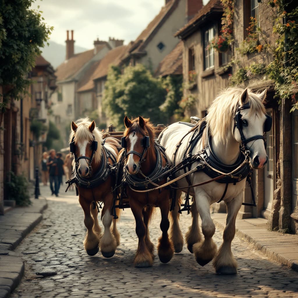 AI generated: "A pair of Shire horses pulling a traditional wagon through a cobblestone village street"