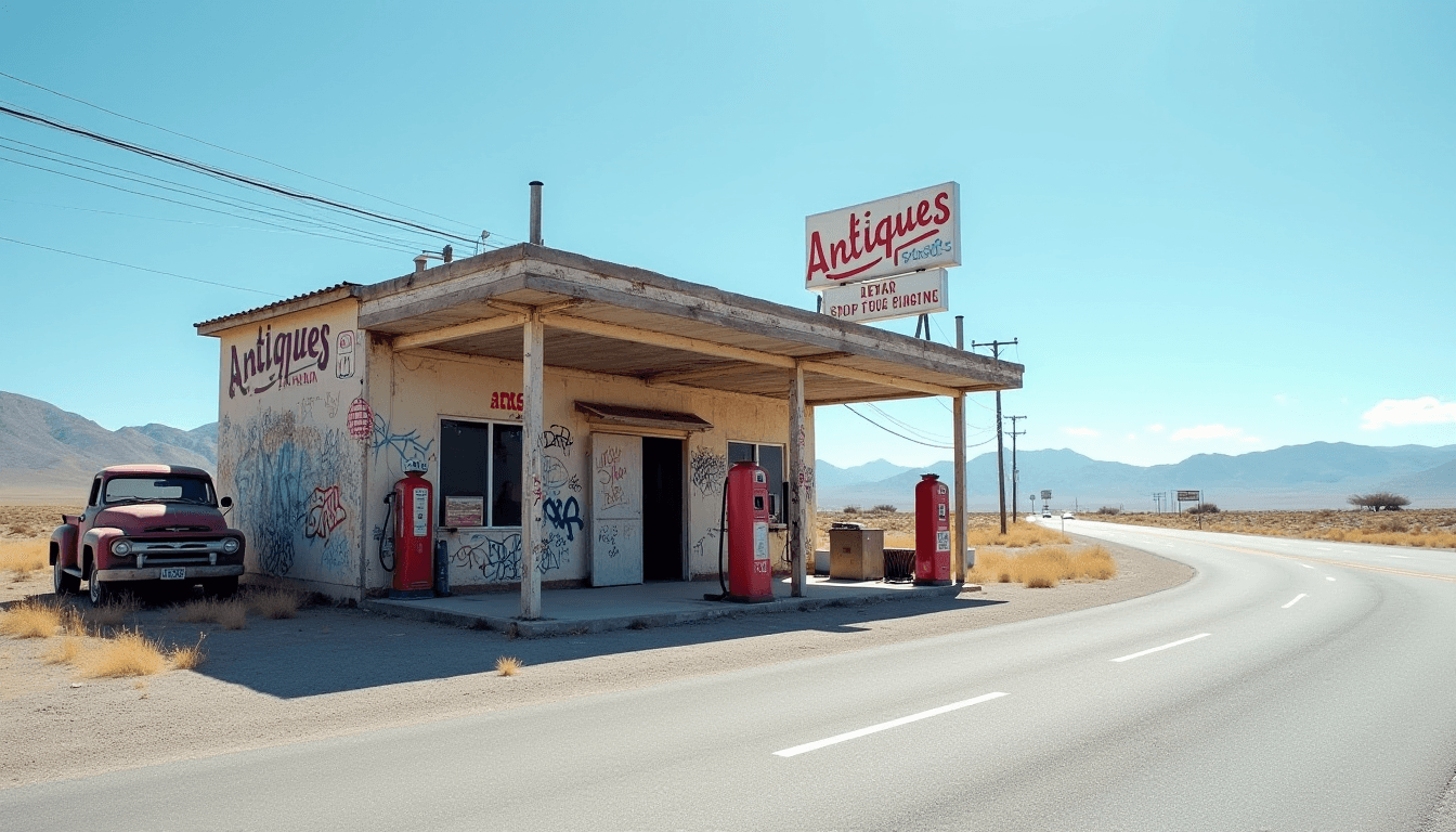 AI generated: The image shows an old, dilapidated gas station on the side of a road. The gas station is covered in...
