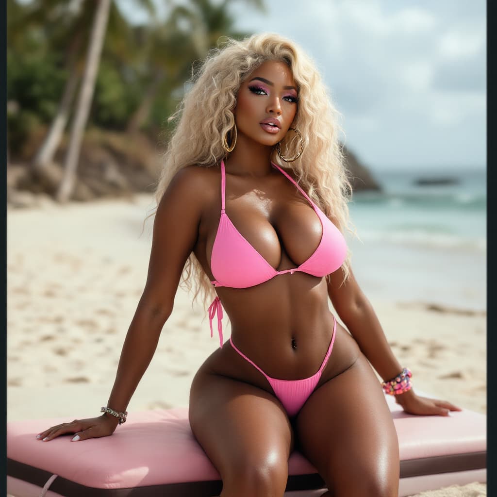 AI generated: black woman, nicki minaj, iso200, photography, (detailed skin:1.2), large breasts, wearing a pink bi...