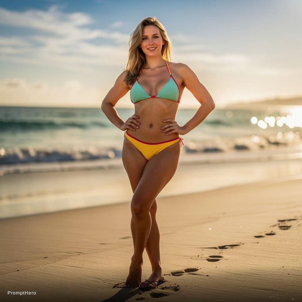 AI generated: Make her look younger and just the bikini