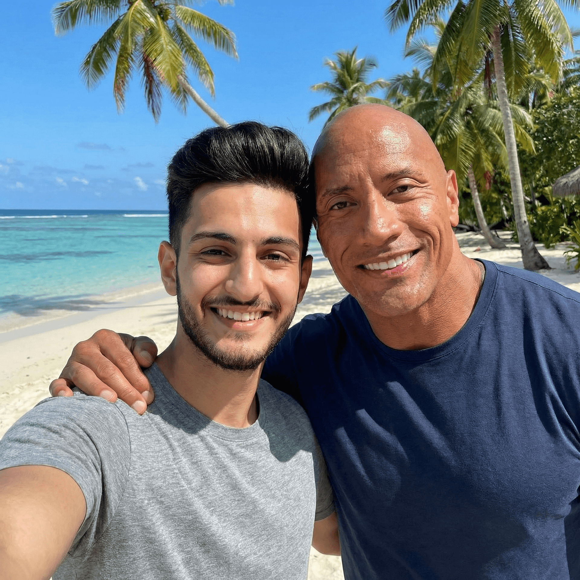 AI generated: with Dwayne Johnson at a tropical beach, sunny day, both smiling
