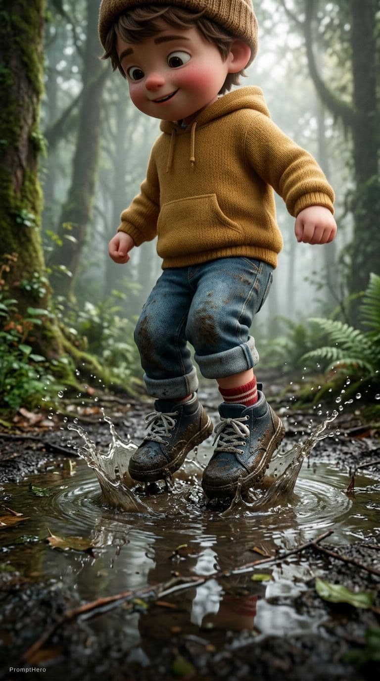 AI generated: Cute stylized 3D little boy standing in a shallow muddy puddle in a misty forest, close-up on boots ...