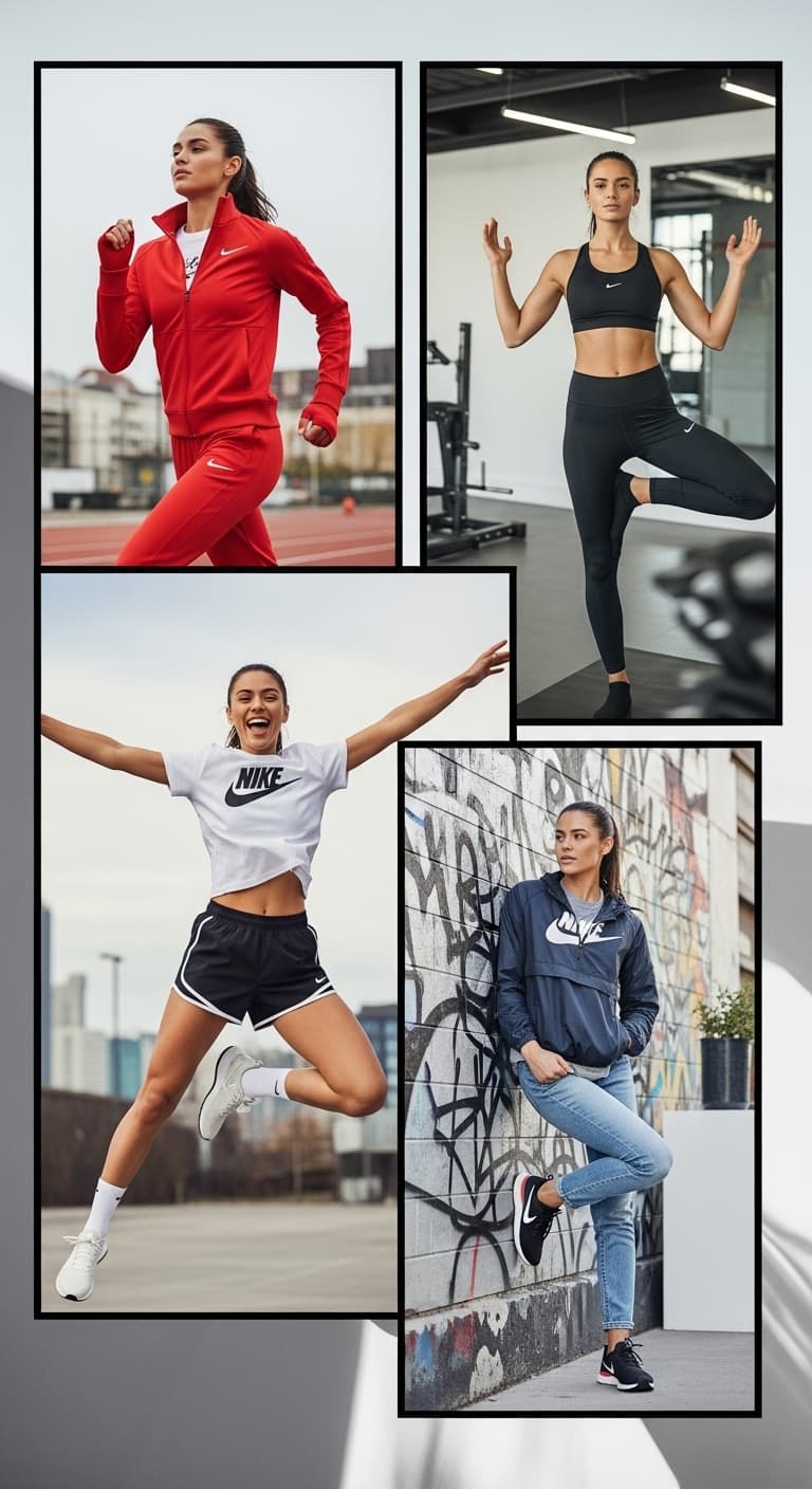 AI generated: a slim woman modeling Nike outfits, multi take, multi pose