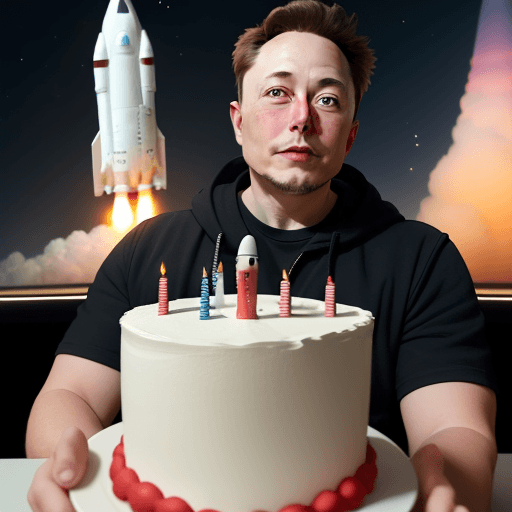 AI generated: Midjourney style, Space X make a rocket out of birthday cake, Elon Musk's face watching over the sce...