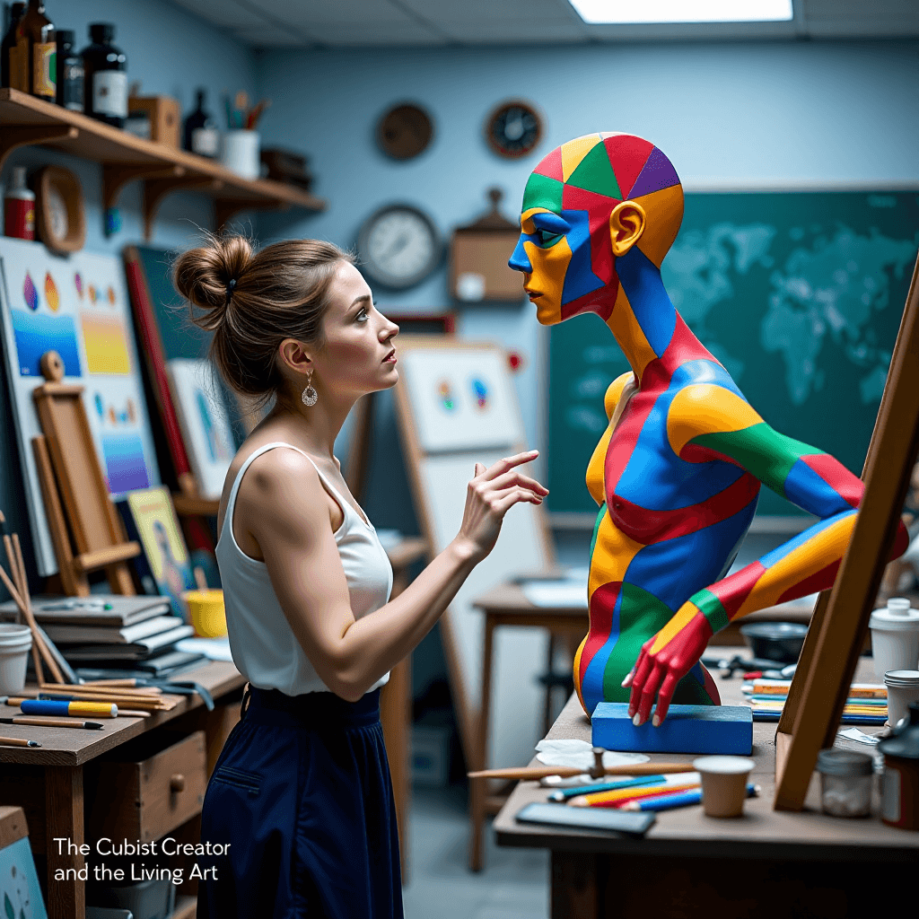 AI generated: The Cubist Creator and the Living Art - 3 of 10: The woman, now living art with her realistic painte...