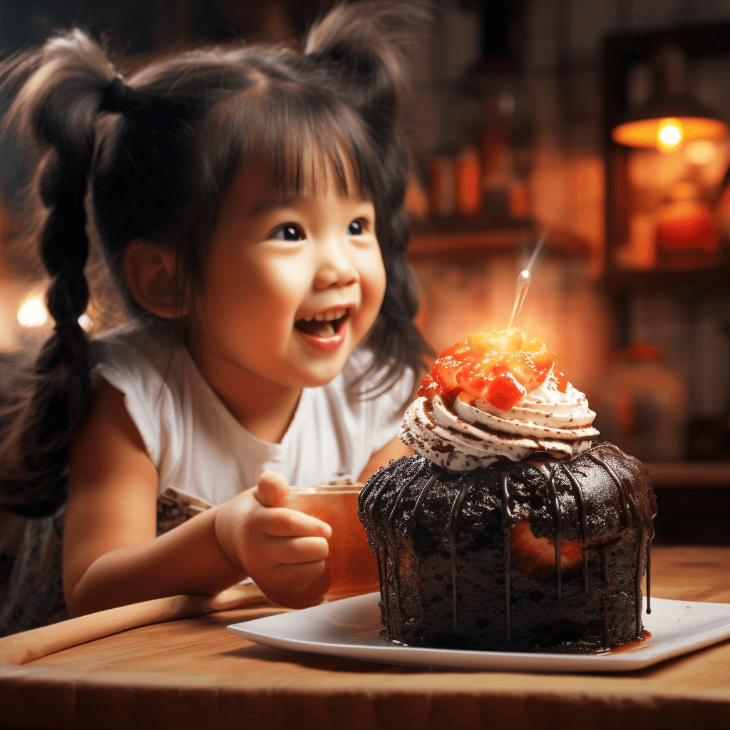 AI generated: a cup cake and a 3 years old girl surprisingly watching, food photography, funny picture, ultra-deta...