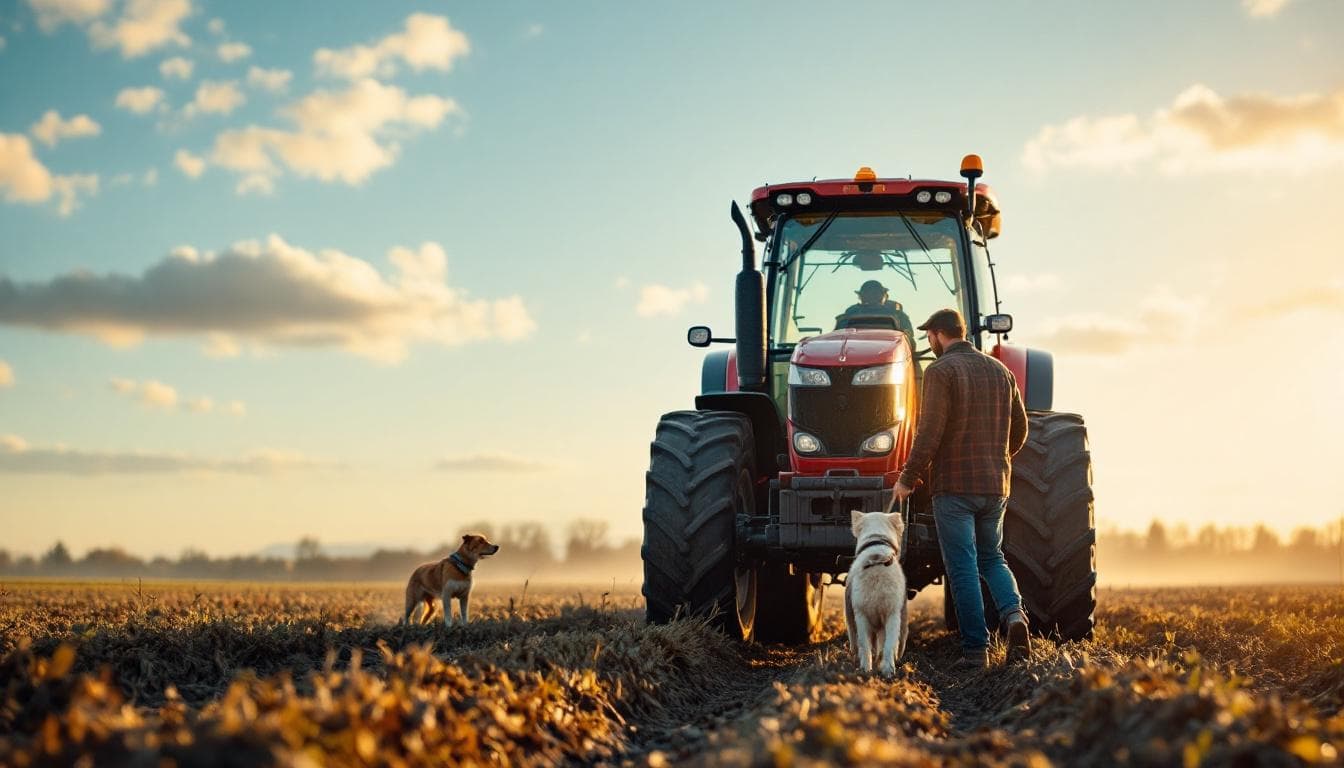 AI generated: a man in farm with tractor and dog help to him