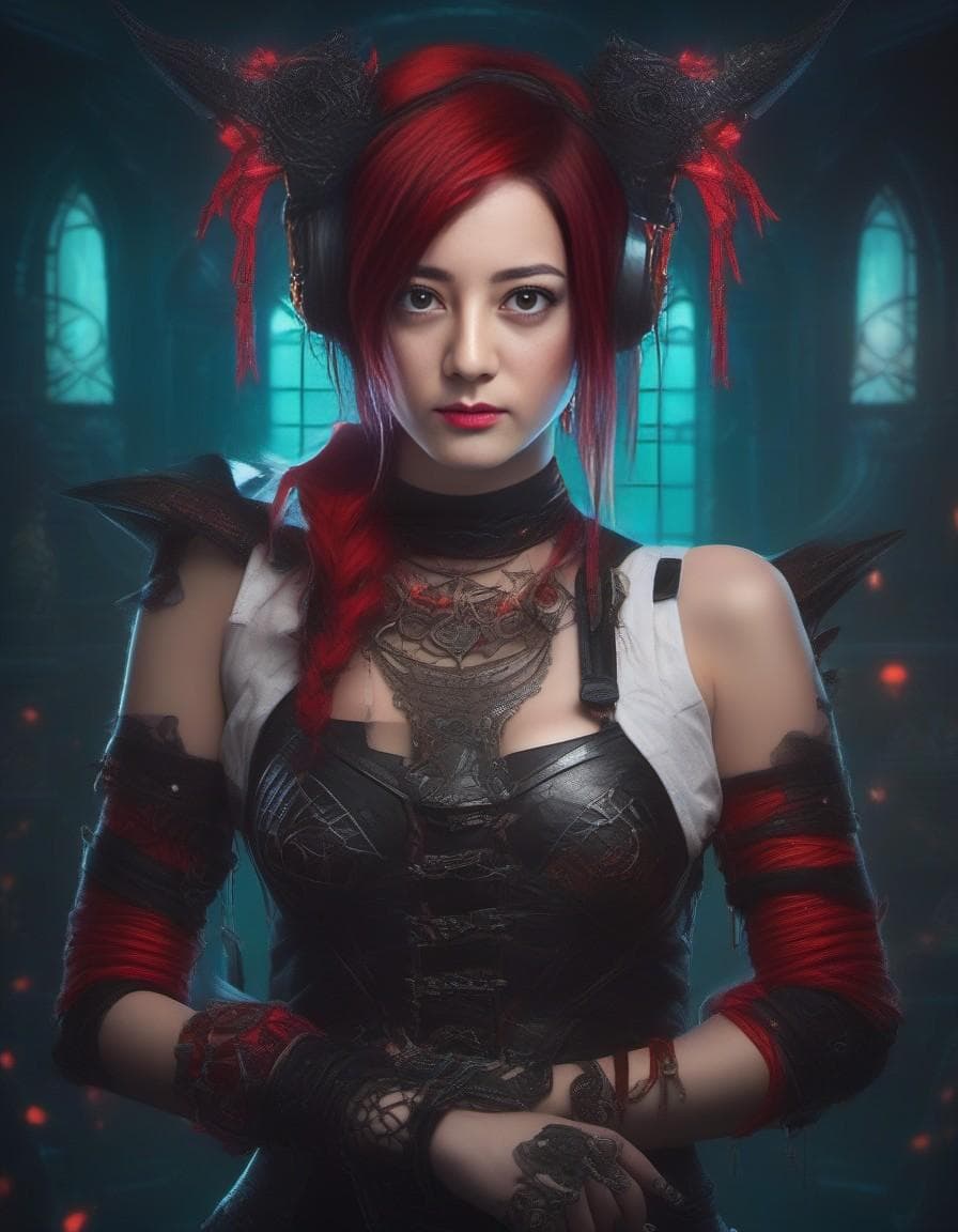 AI generated: Jinx from league of legends, in the style of cybergoth, red threads, midwest gothic, organically ins...