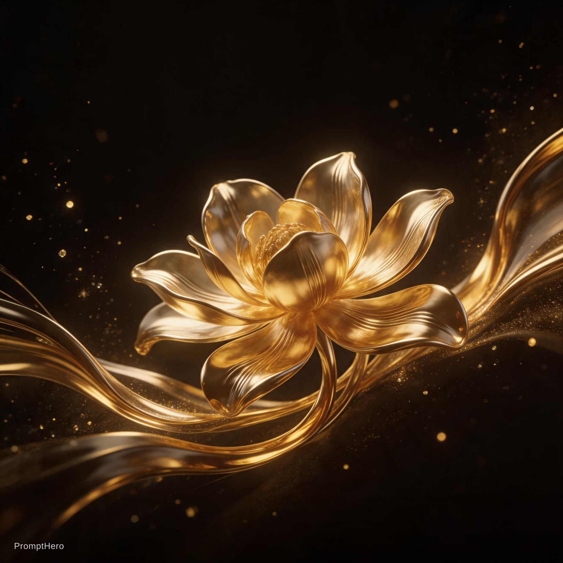 AI generated:  golden emotion and liquid elegance. From complete darkness, flowing streams of hyper-realistic liqu...