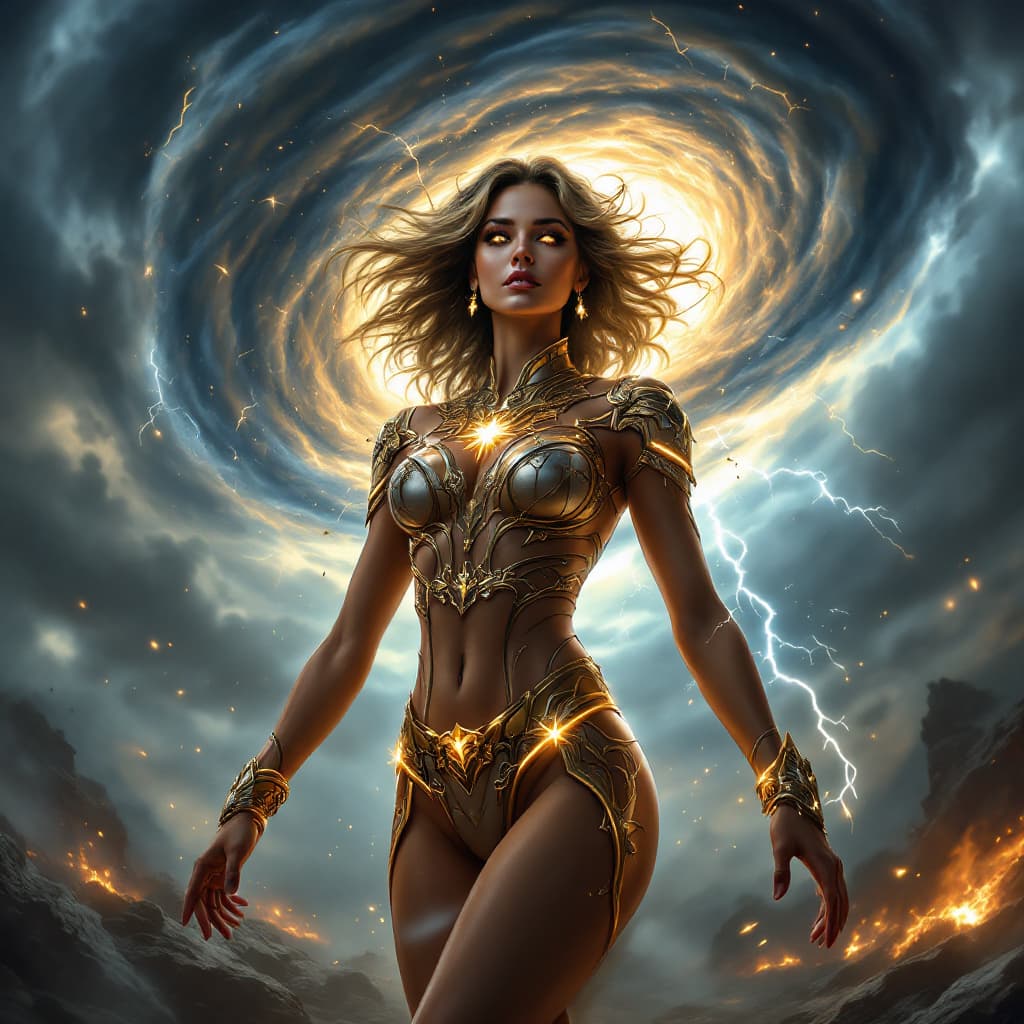 AI generated: A graceful and powerful female hero, wearing a rich vinotinto suit adorned with intricate gold and s...