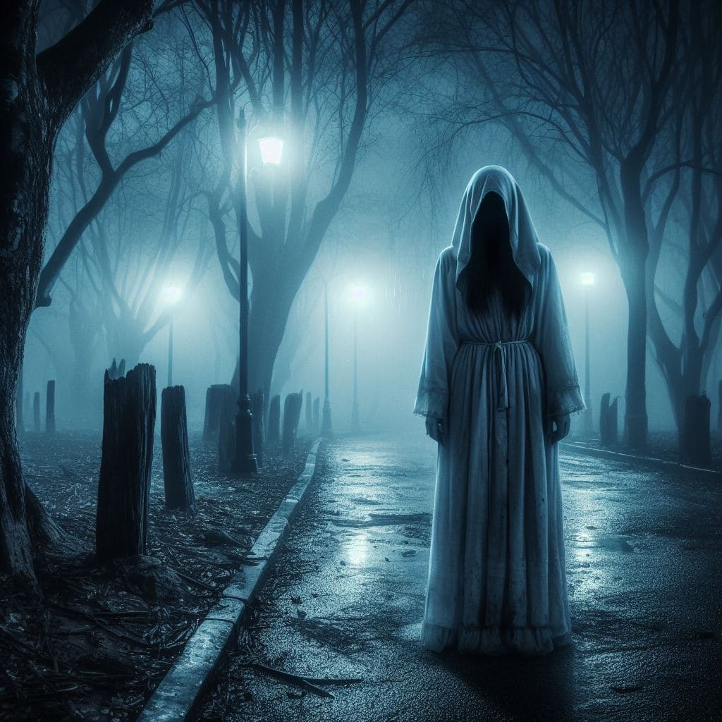 AI generated: mystique,heavy nightmare Version of the urban legend of the white woman.in a night ,a foggy street i...