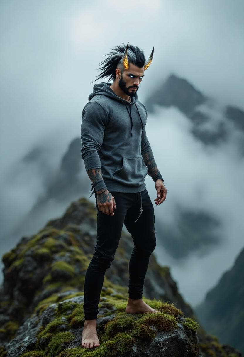 AI generated: A tall, muscular yet lean man stands barefoot on a moss-covered rock at the summit of a mountain ben...