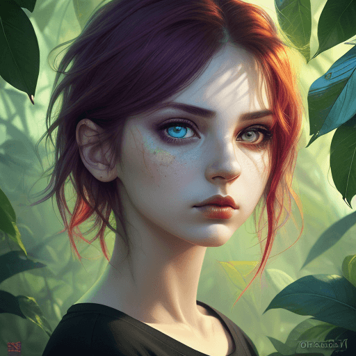 AI generated: Vibrant colors , T-shirt design , Portrait of A  leaf   female face, beautiful eyes , solo, gloomy i...