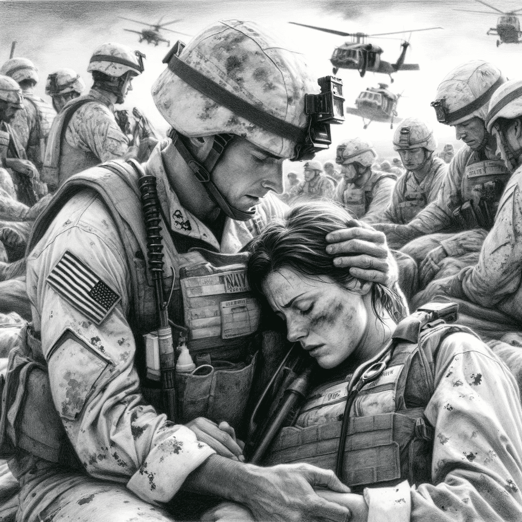 AI generated: DALL·E 2023-11-17 17.03.21 - Pencil drawing in the style of Larry Smith, depicting two Navy combat n...