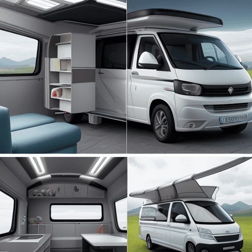 AI generated: 
Draw a modern camper van with smooth and aerodynamic lines. The front features bright LED headlight...