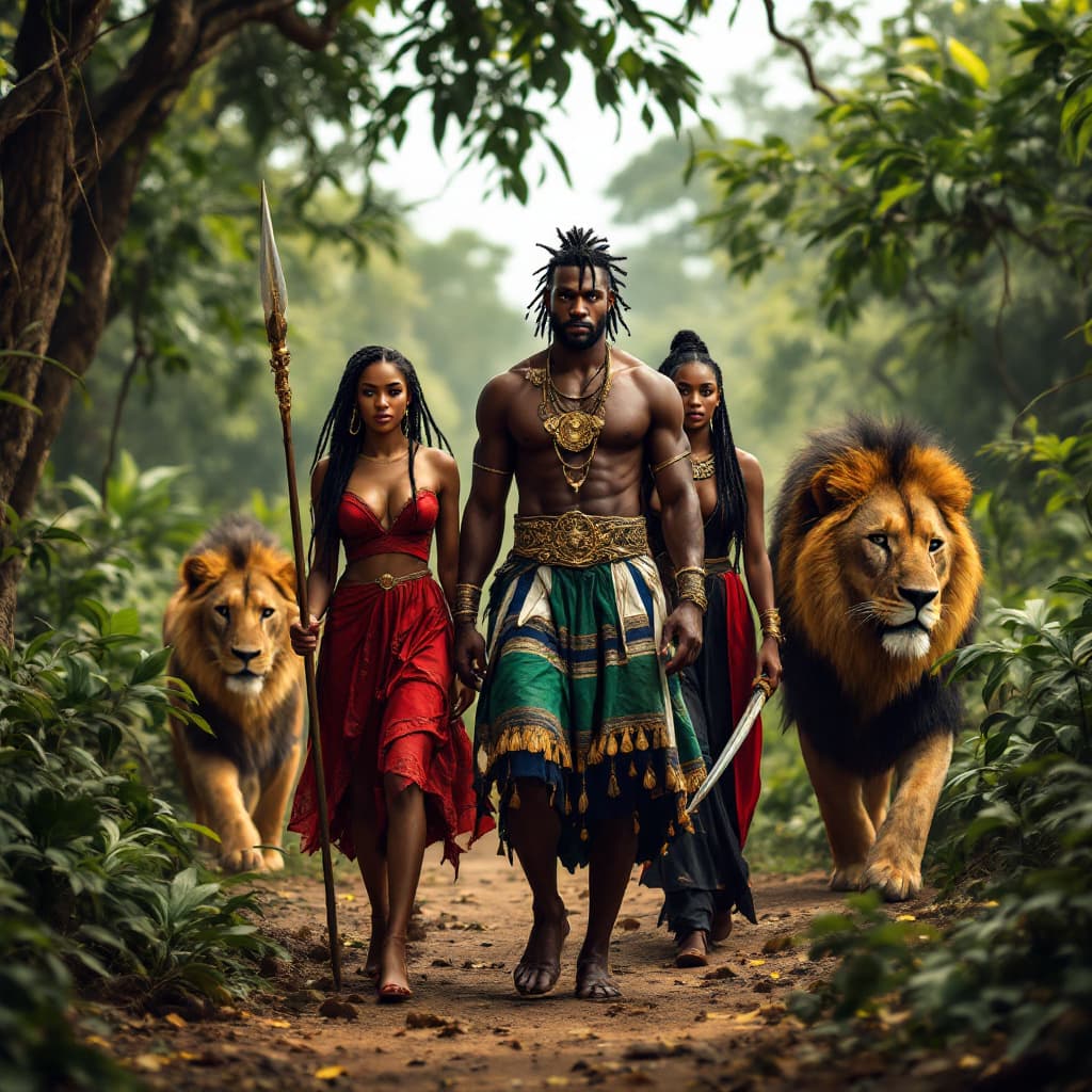 AI generated: 
a black man in a green , white and blue  skirt and gold belt holding a spear standing in the middle...