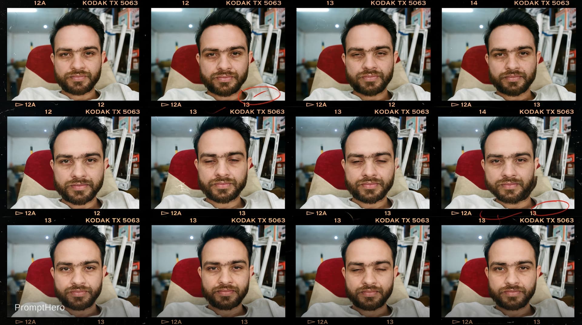 AI generated: Film Contact Sheet Grid NEW photo of the SAME person from the reference, eye-level camera, neutral f...