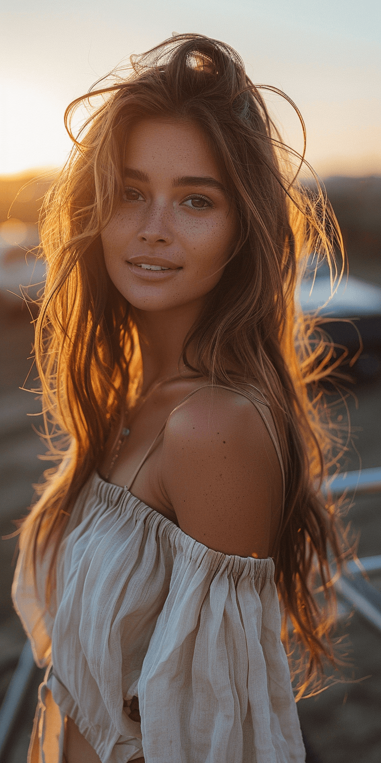 AI generated: A beautiful woman looking back and smiling at the camera, long hair, big eyes, bright smile, wearing...