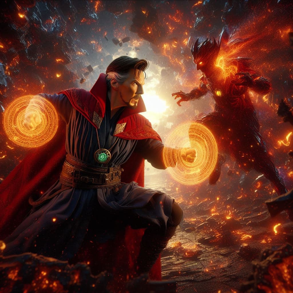 AI generated: Doctor Strange fighting against Dormammu in the Dark Dimension, masterpiece, octane render, 8k, rayt...